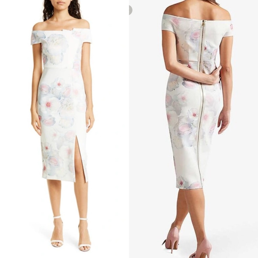 Ted Baker Lovez Flowered Midi Sheath Bardot Dress 1 2/4
